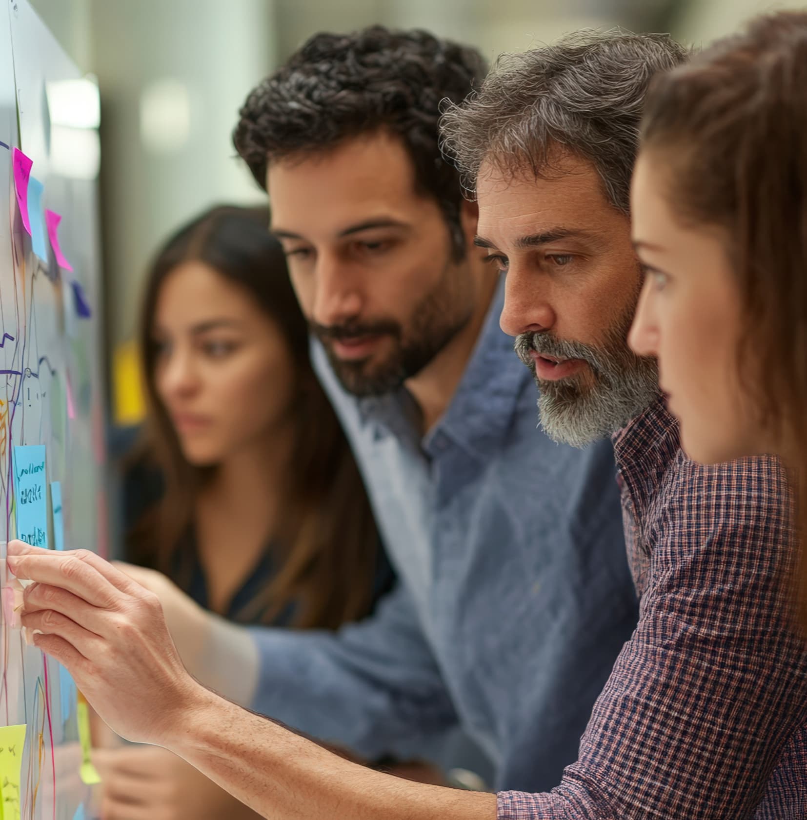 Two colleagues collaborating at a wall of sticky notes during a process workshop